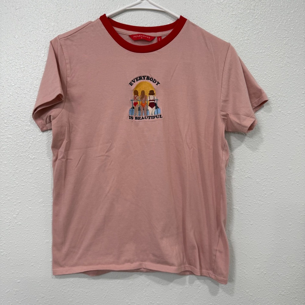 Penshoppe Pink‎ Ringer Tee Everybody Is Beautiful Graphic Embroidered Shirt M
